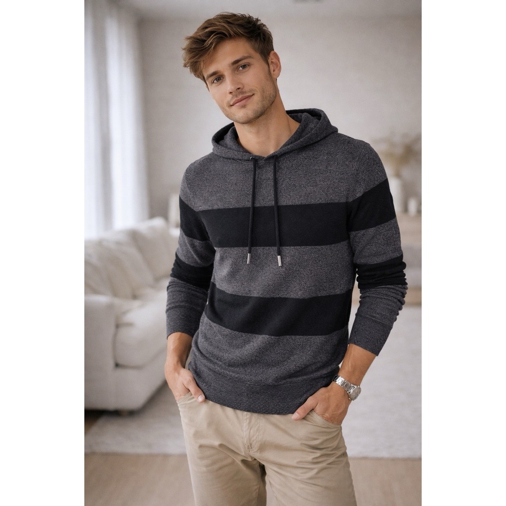 Calvin Klein Hoodie Mens M Gray‎ Black Striped Wool Blend Pullover Italian Yarn